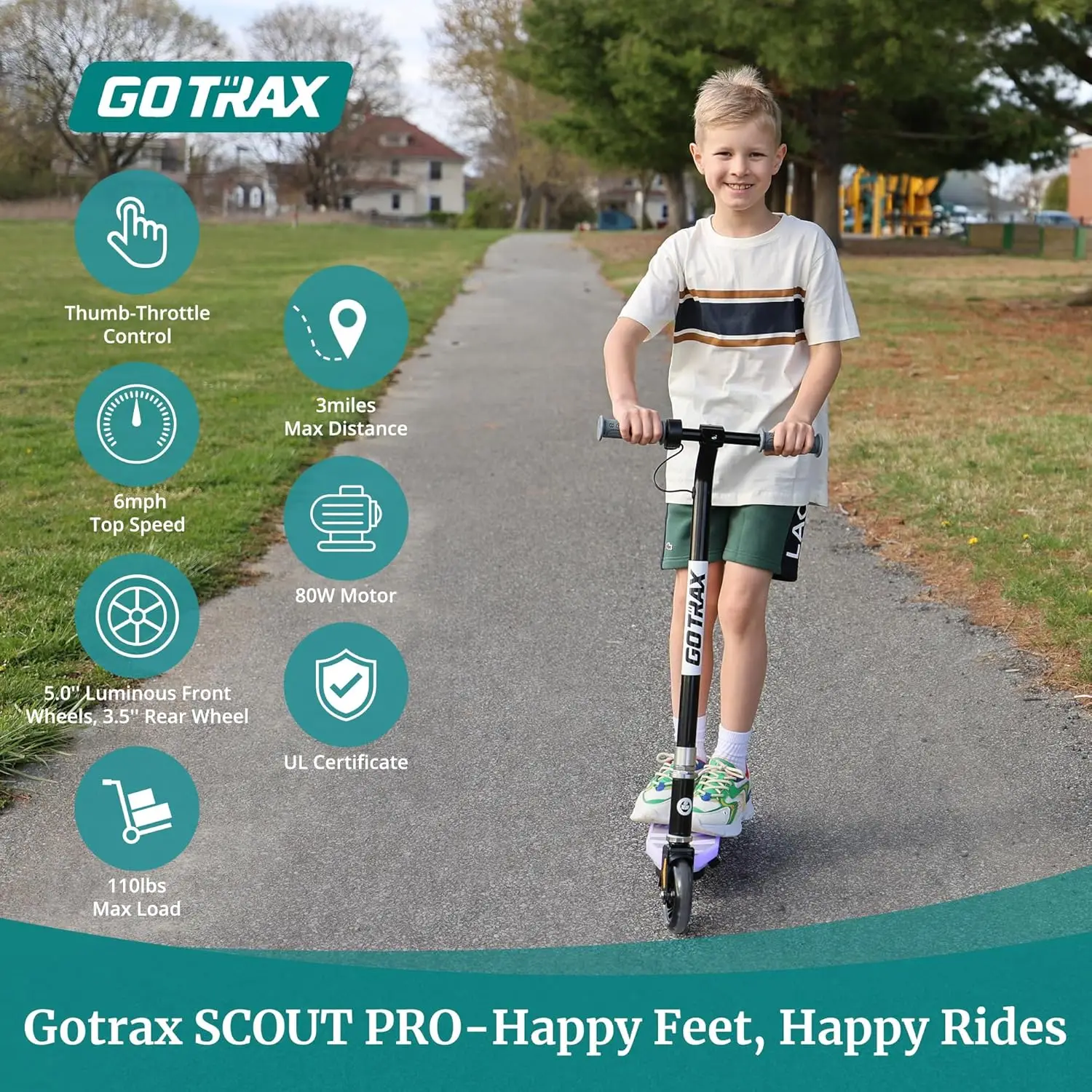 Scooter elettrico Scout Pro per bambini, portata massima di 3 miglia, velocità 6 miglia tramite motore da 80 W e acceleratore a pollice, ruote solide da 5" con Flash W