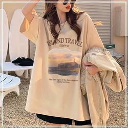 2024 New Summer American Lazy Style Fashion Trend Round Neck Personalized Print Loose Casual Versatile Shoulder T-shirt