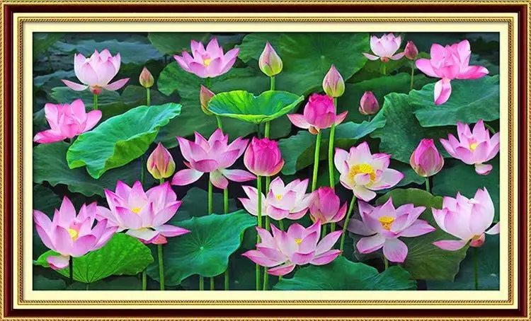 Printed Cross Stitch Needlework,DIY Living Room,Set For Embroidery Kit Full Cross-Stitching Silk Thread Lake Lotus Scenery