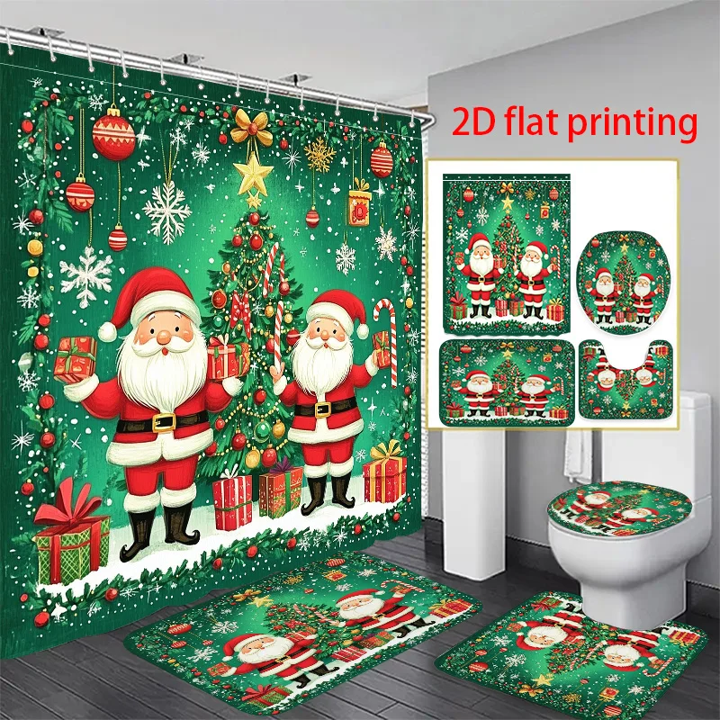 

4pcs 2D Flat Printing Shower Curtain Bathroom Set Two Santas with Christmas Gifts And Decorations. Modern Home Decoration