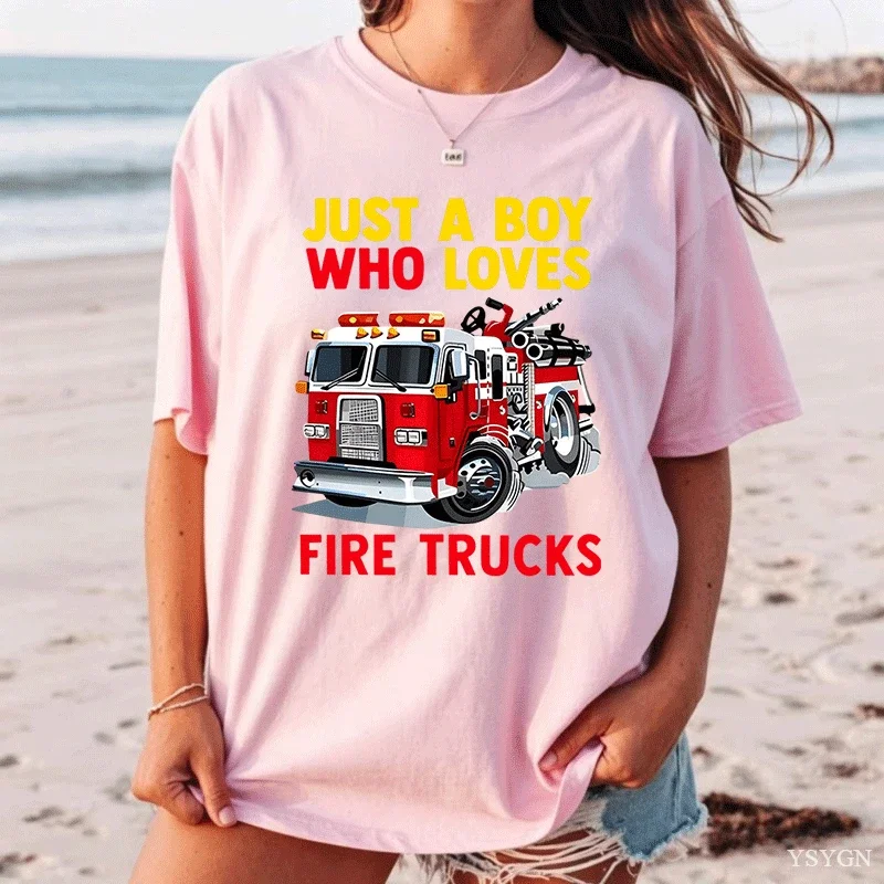 Cute Just A Men Who Loves Fire Trucks Print Family Matching T Shirt Women Short Sleeve Parent Child Soft Cotton Casual Tops