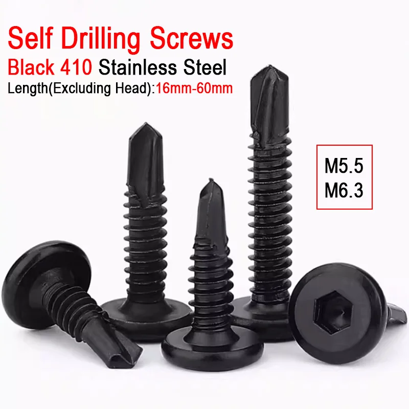 10/20/50Pcs M5.5 M6.3 Flat Head Hex Socket Self Drilling Screws Black 410 Stainless Steel Self Tapping Sheet Metal Screws
