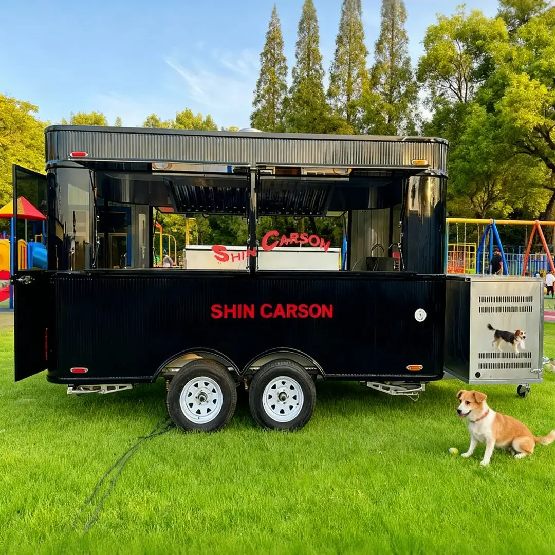 

Black Stainless Steel Mobile Food Trailer with Awning & Double Wheels Food Truck Cart for Street Vending