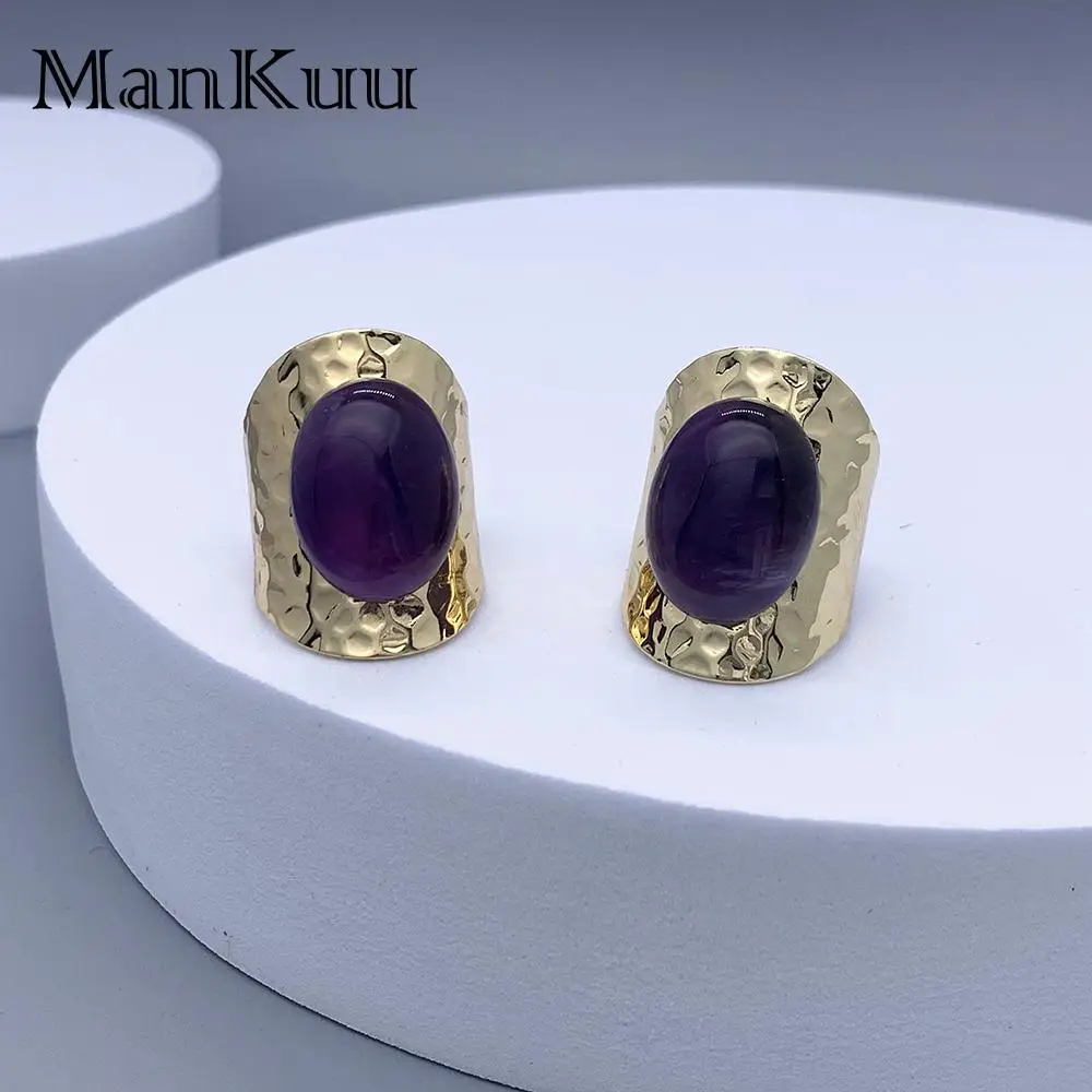 

Mankuu Fashion Jewelry Natural Amethyst Healing Crystal Stone 15x20mm Oval Smooth Surface Gold Plated Charm Rings For Women