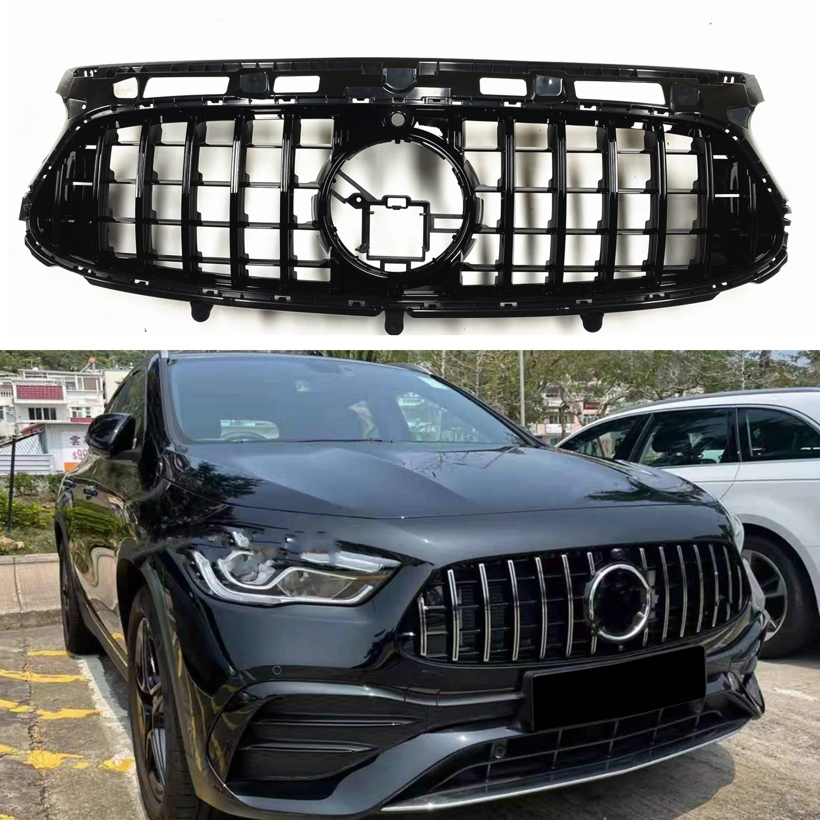 For Mercedes-Benz GLA Class H247 2020-2023 GLA220 GLA250 GLA35 GLA45 GT Black/Silver Upper Bumper Hood Mesh Front Grille Grill