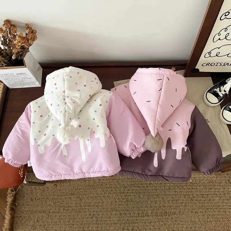 Girls Cotton Jacket 2025 New Korean Children Thin Cotton Jacket Cute for Baby Girls Wearing Hooded Top Outside