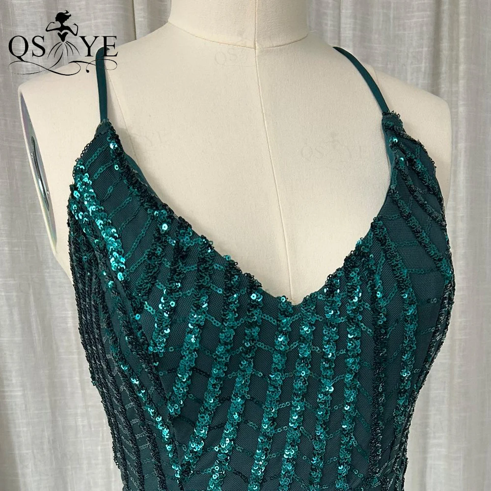 Sexy V neck Green Evening Dresses Halter Straps Sequin Prom Gown Pattern Lace Open Low Back Woman Front Split Girl Party Dress