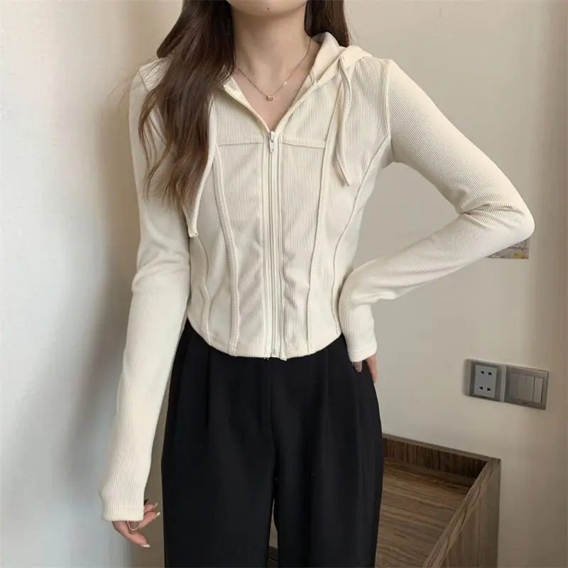 2023 Primavera e Outono Nova Casual Com Capuz Zipper Cardigan Mulheres Primavera Verão Retro Slim Sport Coat Curto Crop Top de Manga Longa