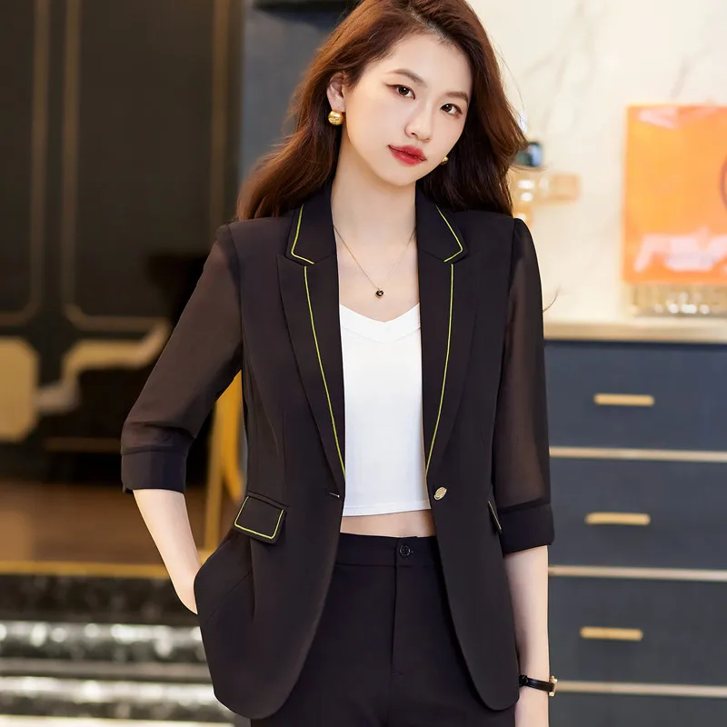 NAVIU Fashion Women White Blazer 2023 New Temprament Formal Half Sleeve Slim Tops Office Ladies Work Coat Black