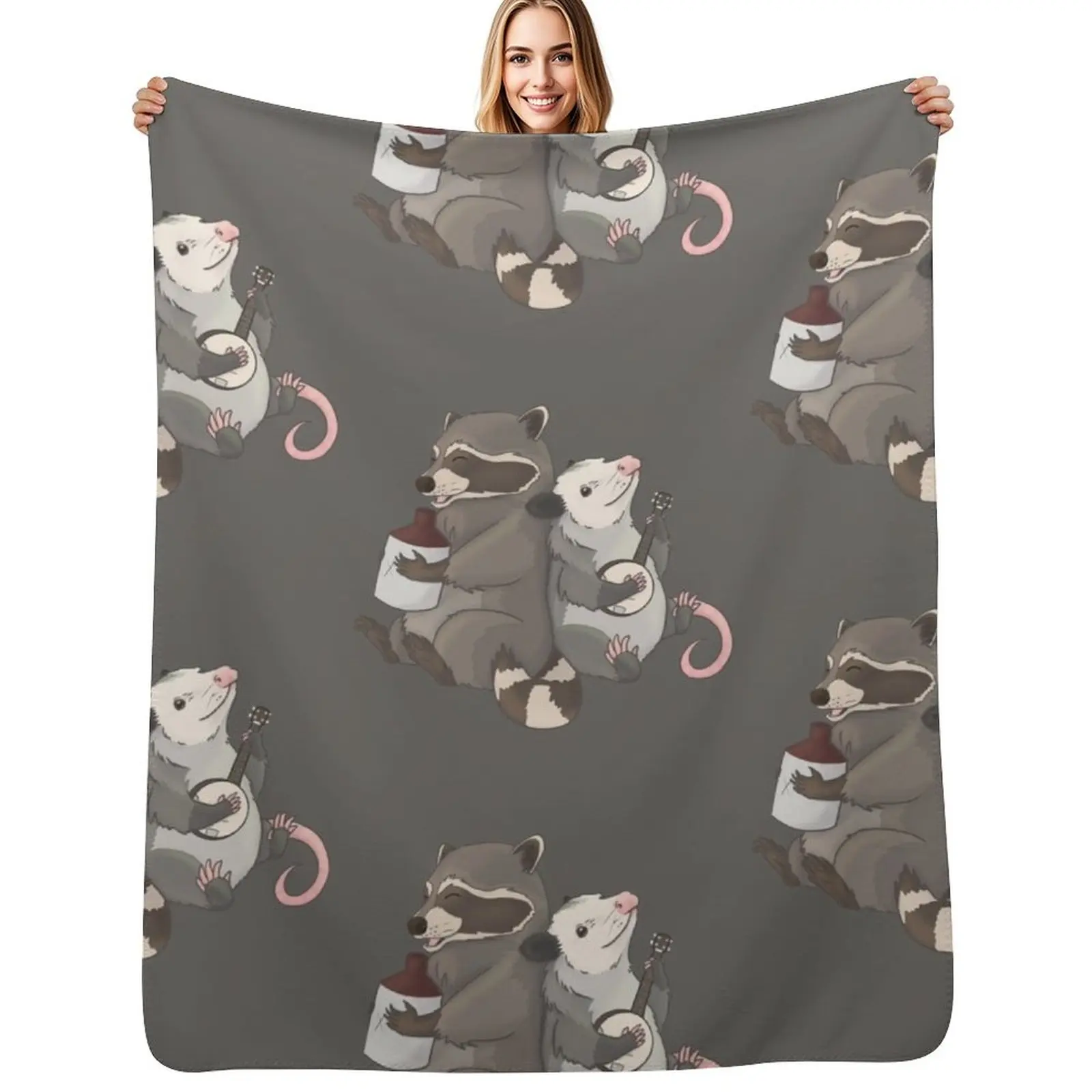 Opossum and a Racoon playing instruments Throw Blanket Thin Heavy Personalized Gift Camping wednesday Blankets