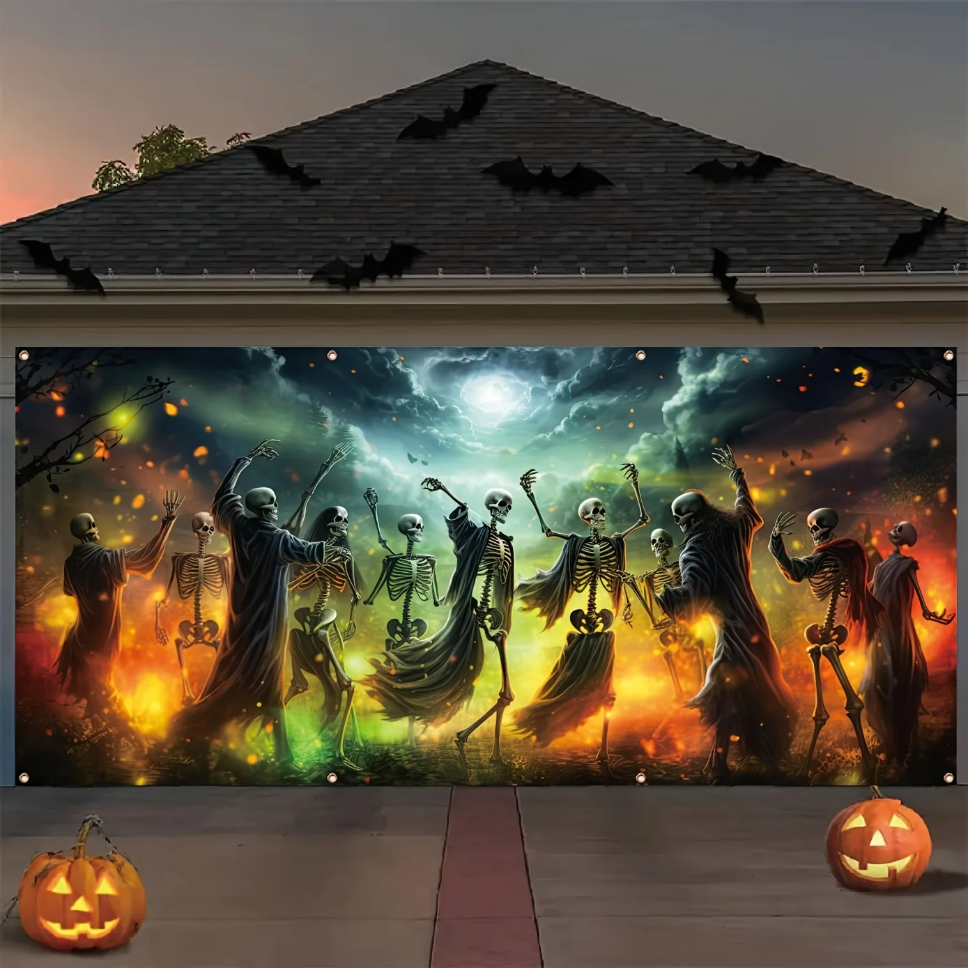 

A fiery spectacle, Halloween Skull Fire Reborn garage banner - a vibrant polyester outdoor wall decoration