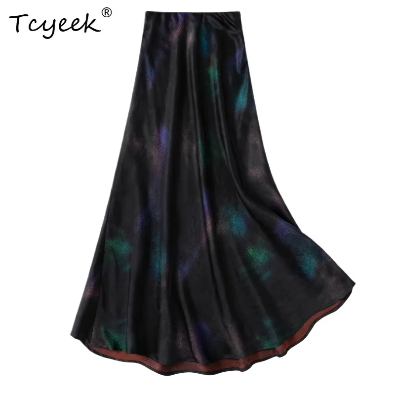 Tcyeek 100% Real Silk Women Long Skirts 2026 Spring Elastic Waist Vintage Elegant Fishtail Skirt Ladies Clothing Ropa Para Mujer