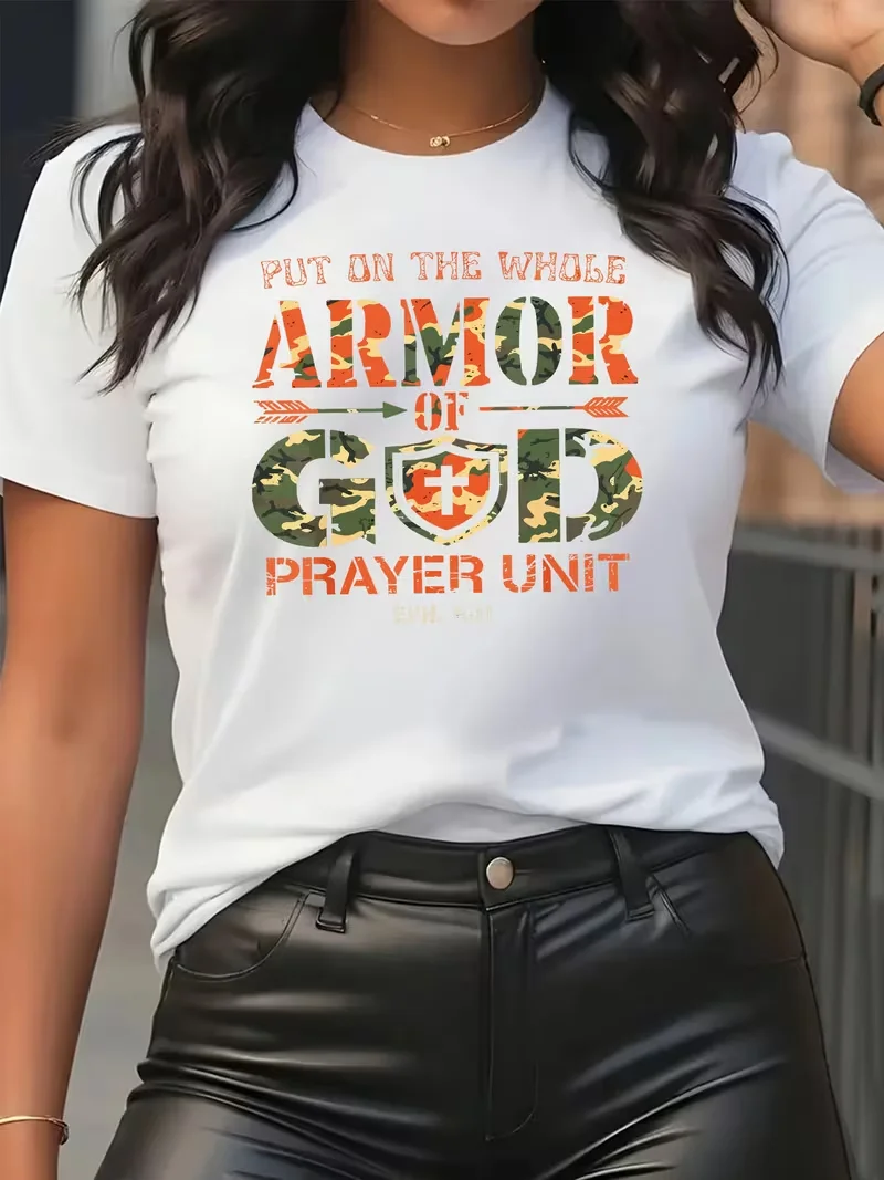 Armor of God T Shirt Women Christian Prayer Unit Graphic Tees Summer Short Sleeve O-Neck Loose Tops Bible Verse Camo Print Y2K