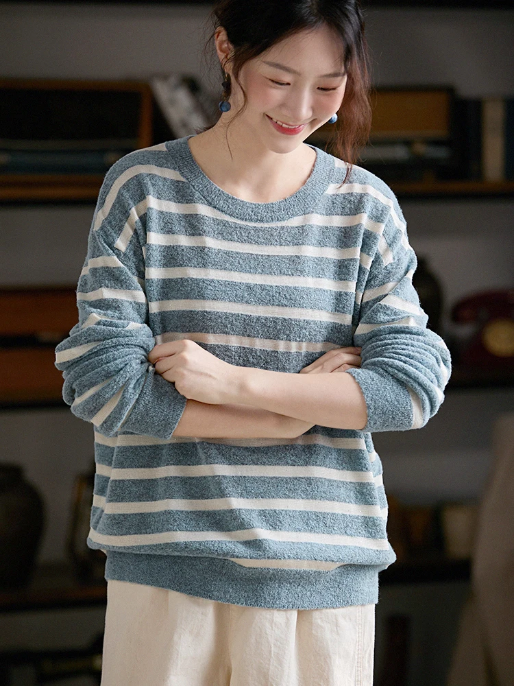 

Женский свитер Gujia Super Fine Color Blo из смесовой шерсти в полоску, свободного кроя, с длинными рукавами, круглым вырезом, в стиле Lazy Sle, зимний