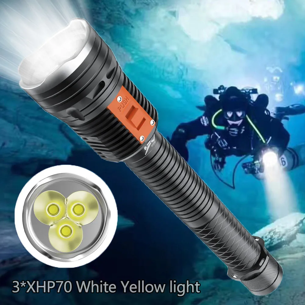 

9000LM ultra bright Diving Flashlight 3*XHP70 LED Hunting Caving Dive Lamp 3 modes Underwater 26650 Tactics headlight