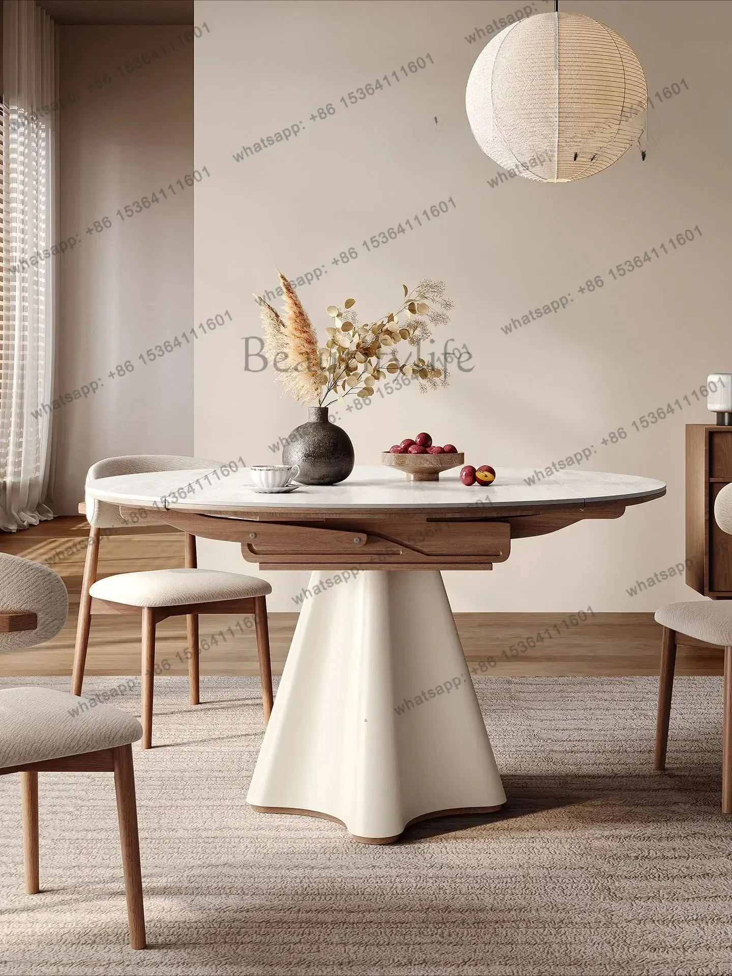 Premium sense Retractable living room dining table Slate dining table Variable round table Household small apartment Cream