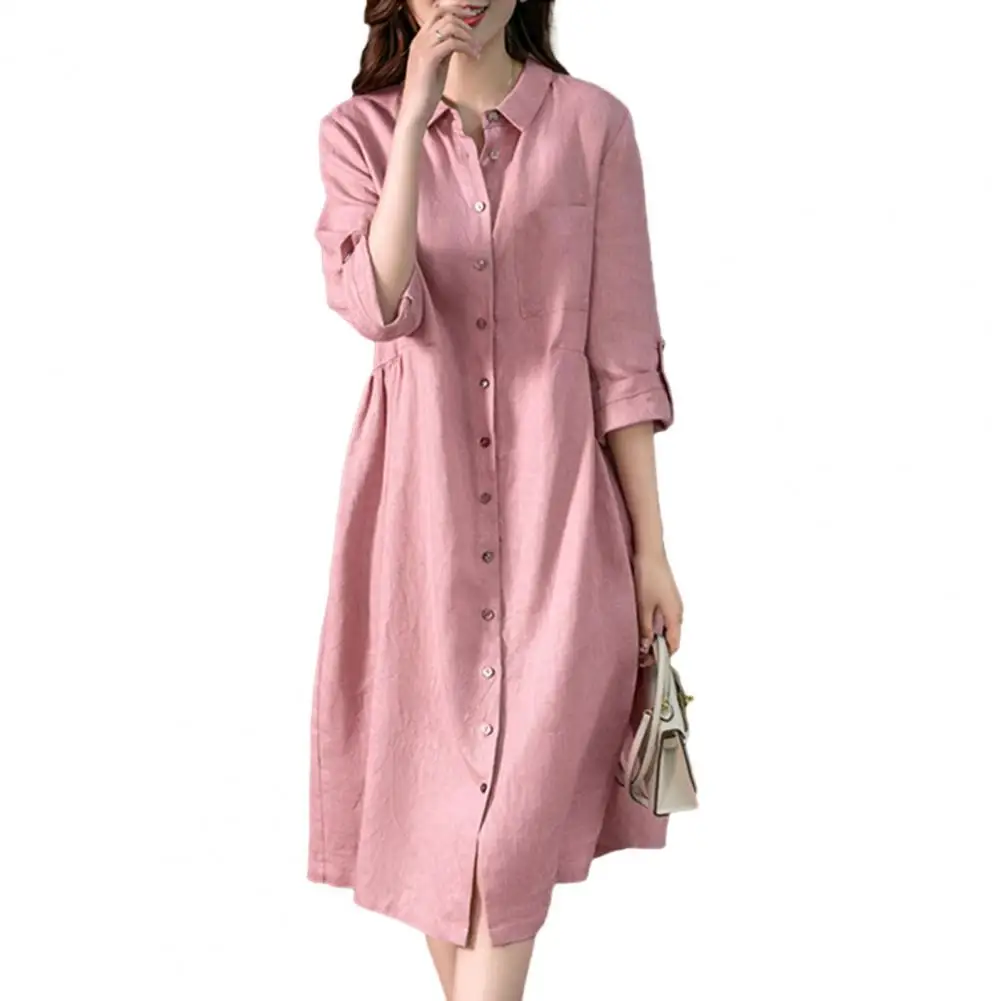 Women Dress Women Solid Color Dress Elegant Lapel Shirt Dress for Women 3/4 Sleeve Midi with High Waist Solid Color Loose Fit