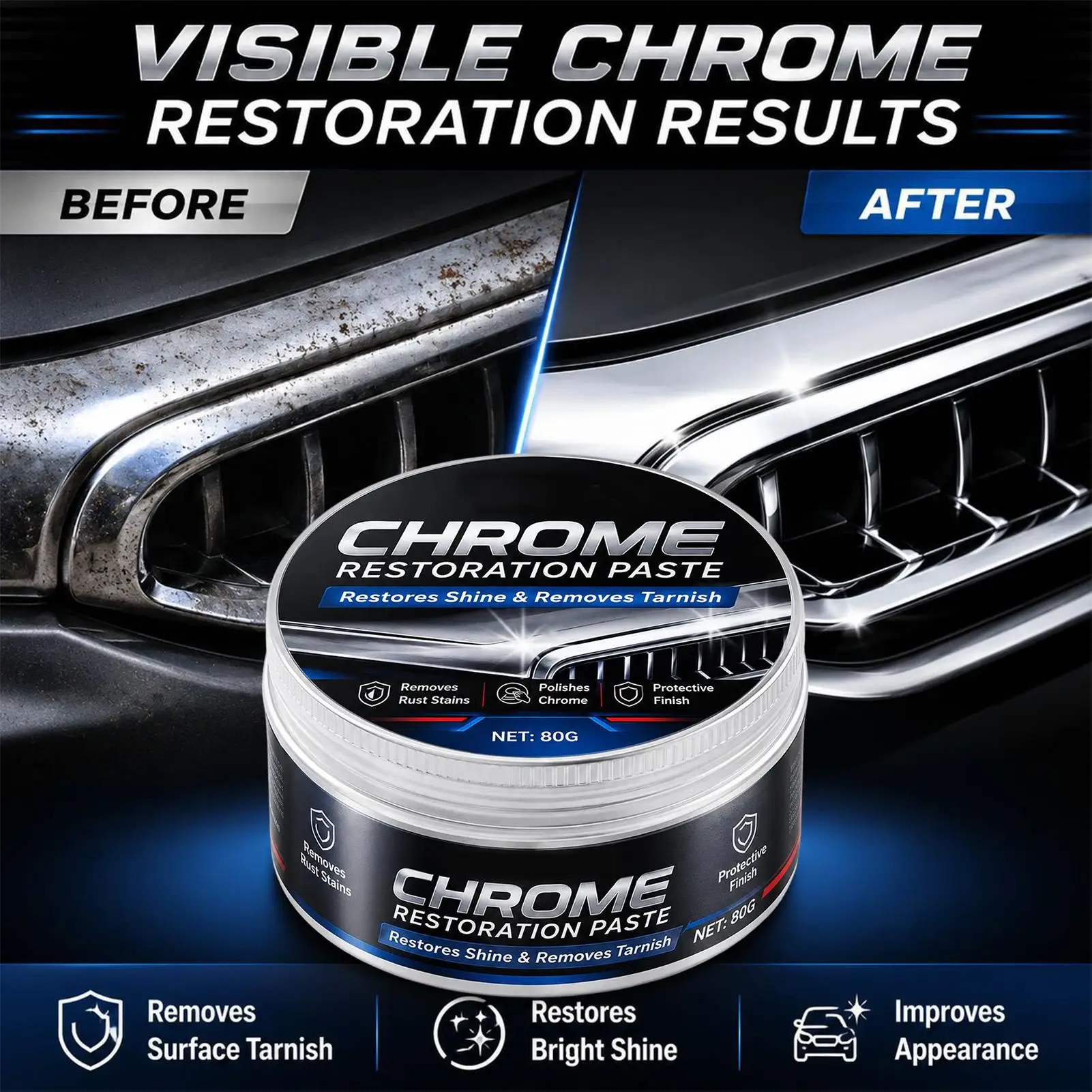 Nettoyant Chrome 80g – Pâte Réparatrice Anti-Rayures, Anti-Taches et Anti-ternissement, Détartrant pour Moto, Bateau, Emblèmes de VR, Garnitures et Poignées de Porte