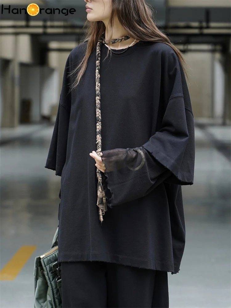 HanOrange 2025 Frühherbst-Garnärmel 600 g Baumwoll-T-Shirt für Damen, lässiges Top, T-Shirts, Weiß/Schwarz/Gelb