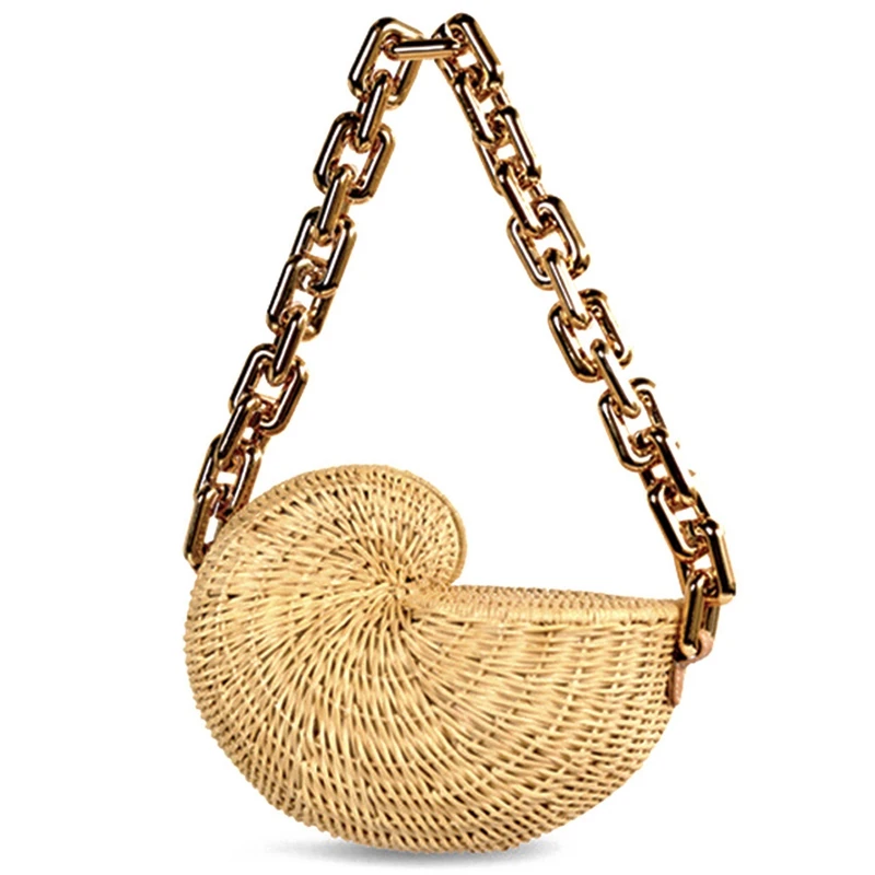 

Fashion Thick Chains Rattan Conch Women Shoulder Bags Wicker Woven Handbags Summer Beach Straw Bag Purse