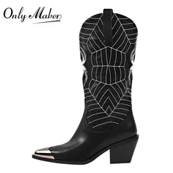 Onlymaker Women's Black Pointed Toe  Embroidery Spider Webs Metal Pointed Toe  Fashion Handmade Female Cowboy Boots