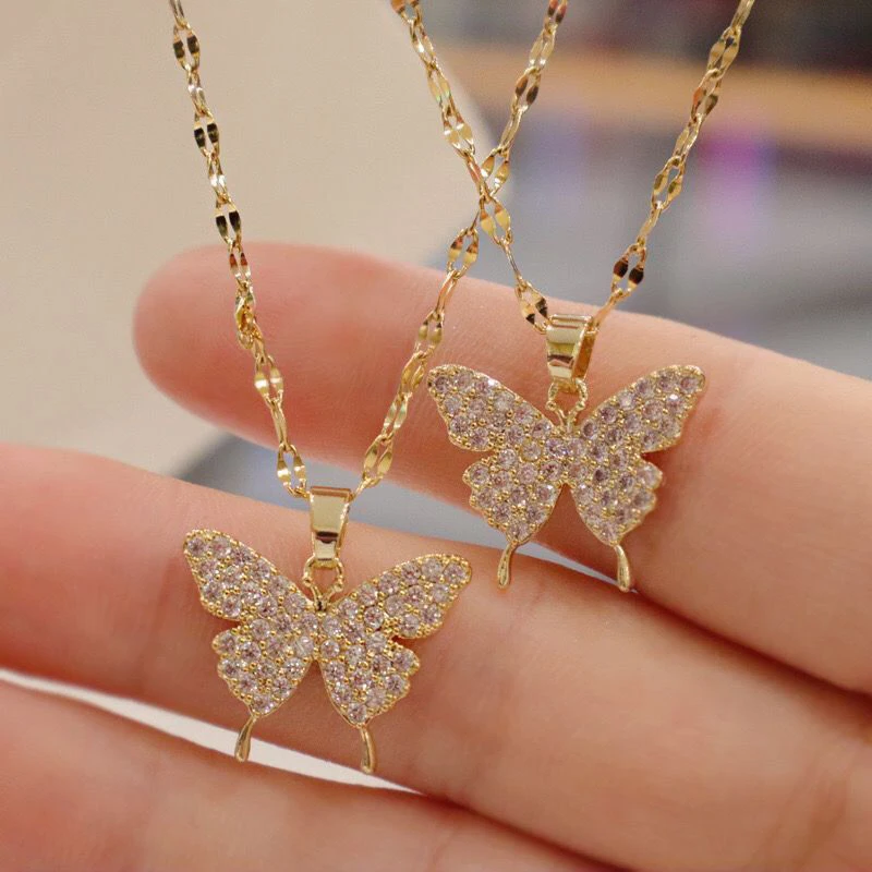 Shiny Butterfly Necklace Exquisite Golden Crystal Pendant Collar Chain Necklace Ladies Clavicle Chain Wedding Party Jewelry Gift