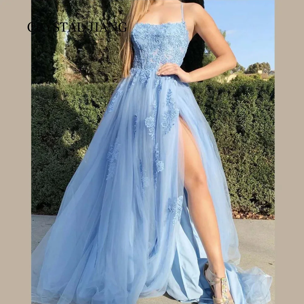 

Classy Long Blue Spaghetti Straps Tulle Evening Dresses Sleeveless with Slit A Line Sweep Train فساتين سهرة