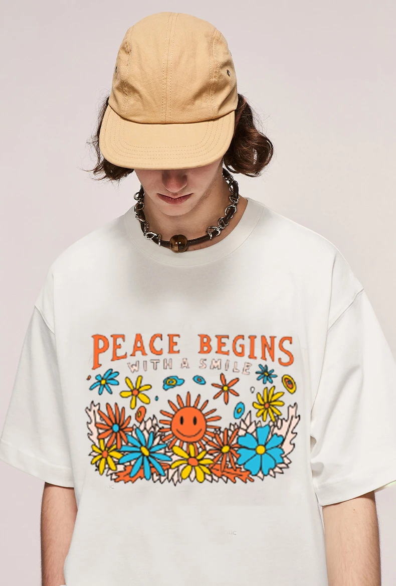 Peace Begins  Summer New Cartoon  T-shirts Harajuku Short Sleeve Loose OCasual Tops Women O Neck All Match Casual Tees