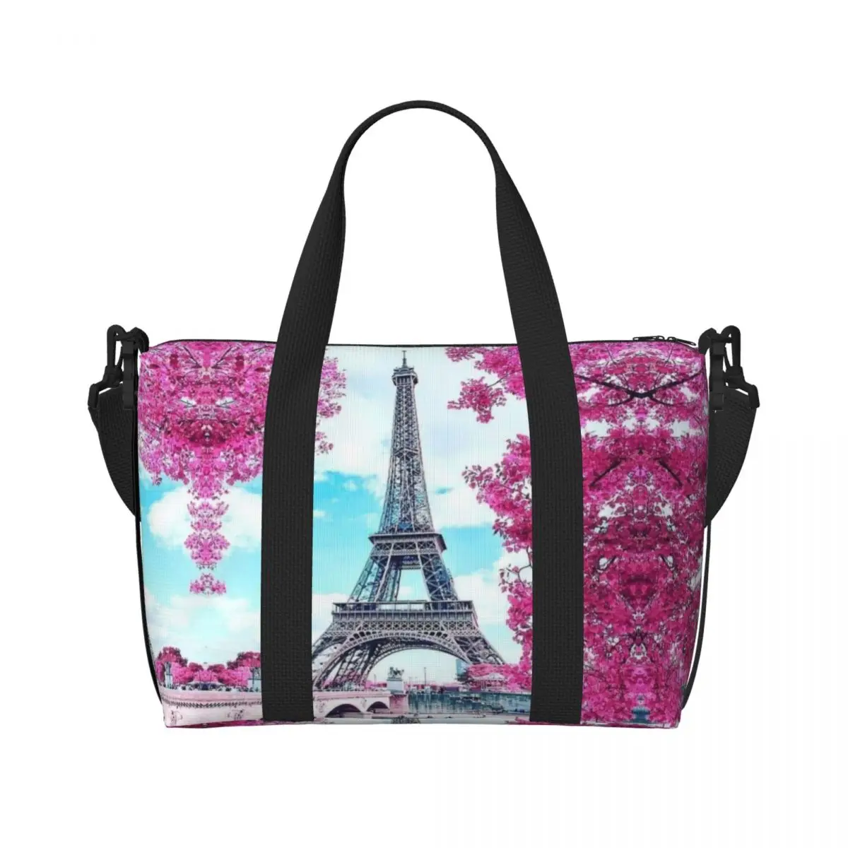 Custom Eiffel Tower Paris Floral Tote Bag for Women Large Capacity Romantic Landscape Beach Gym Travel Bags