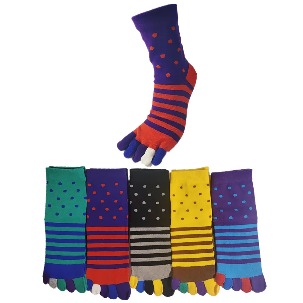 5 Pairs Of Men's Striped Polka Dot Cotton Five Finger Socks Colorful Fashion 5 Toe Separation Socks