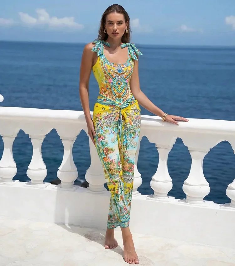 Deluxe Women One Piece Swimsuit 2026 Summer Floral Swimwear Beachwear Bathing Suit Bowknot Shoulder Strap Dress Set Swim Dress