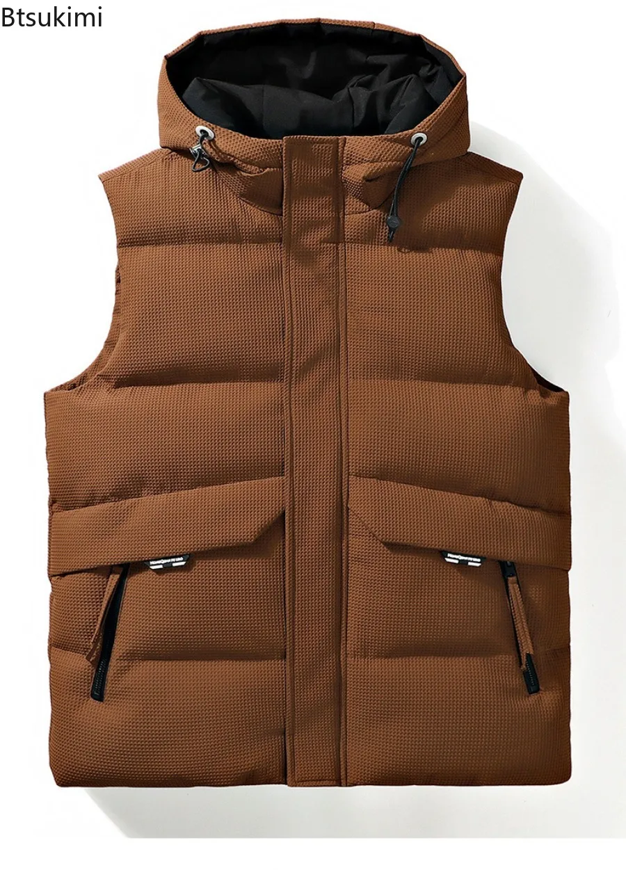 2025 Autumn Winter Men's Thicken Cotton Waistcoat Sleeveless Vests Jackets Warm Comfortable Outerwear Male Zipper Hooded Coats