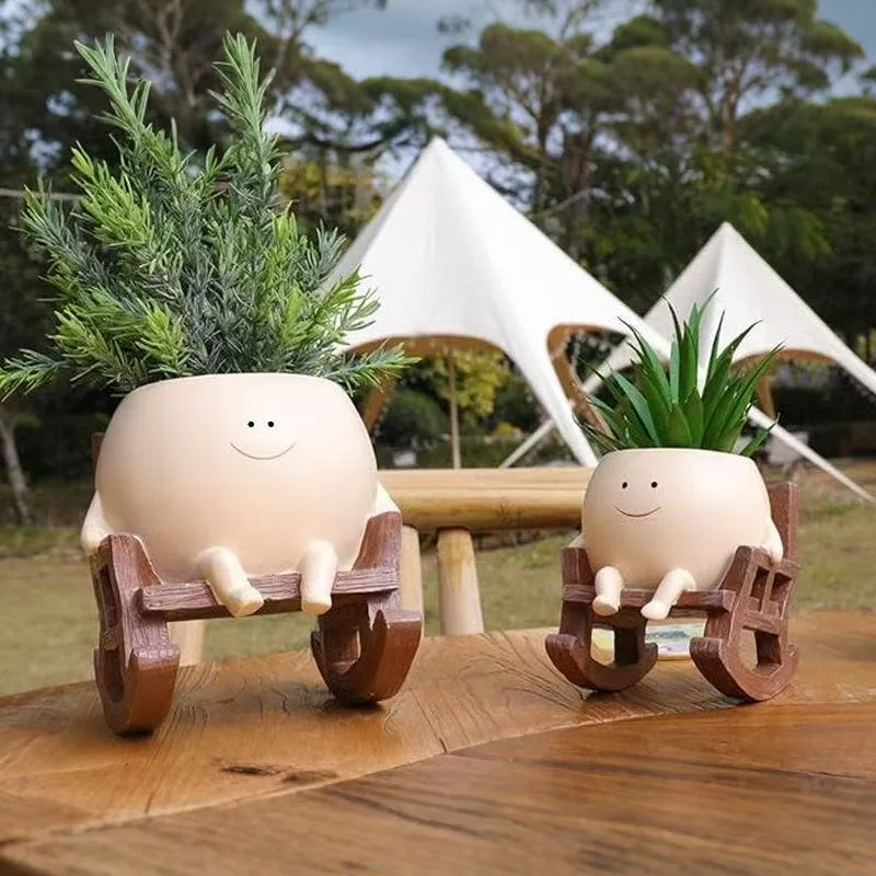Creative Rocking Chair Planter Resin Smile Face Hanging Succulent Flower Pot Cute Head Plant Container for Garden Home Decor