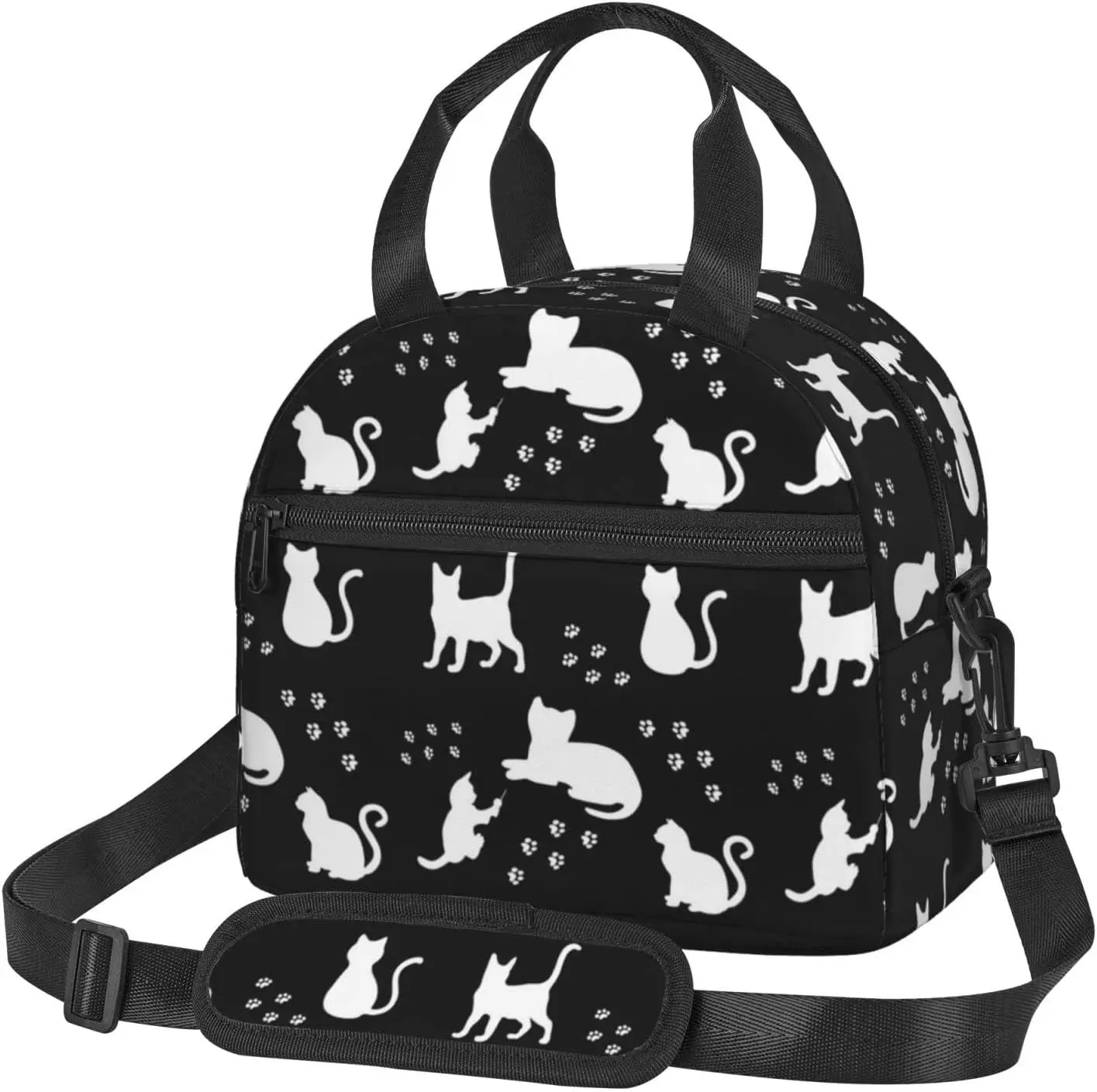 Cute Cats White Silhouette Lunch Bag Animal Paws Reusable Insulated Lunch Tote Bag With Adjustable Shoulder Strap For Work