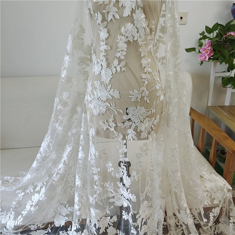 Handmade Wedding Dress for Bride, Mesh Embroidered Curtains, European and American Flower, DIY Bride Fabric, RS4837