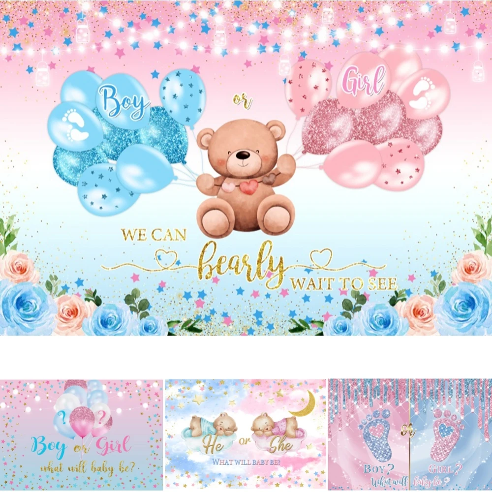 

Newborn Gender Reveal Decor Background Photo Blue Pink Teddy Bear Balloons Baby Shower Kids Birthday Photography Backdrop Studio