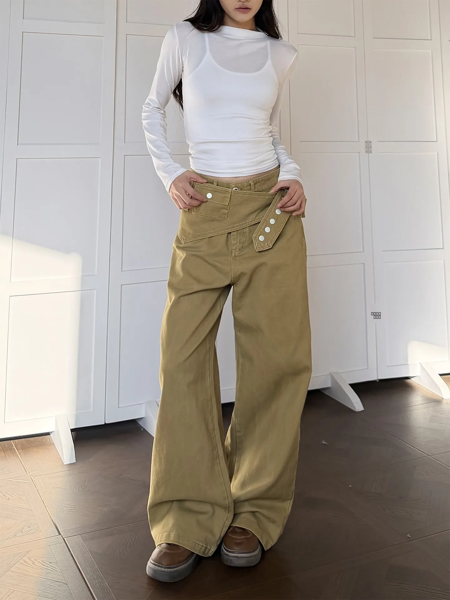 

Don Cry American Sle Straight Leg Workwear Pants ex Casual Loose Fit Trousers with Waist Bag Simple Pure Color Cotton