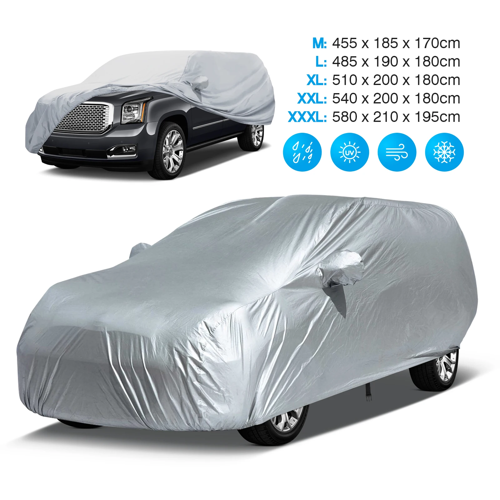 Universal SUV/Sedan Full Car Covers Outdoor Waterproof Sun Rain Snow Dust Resistant Protection UV Car silver Car Case Cover M-XX