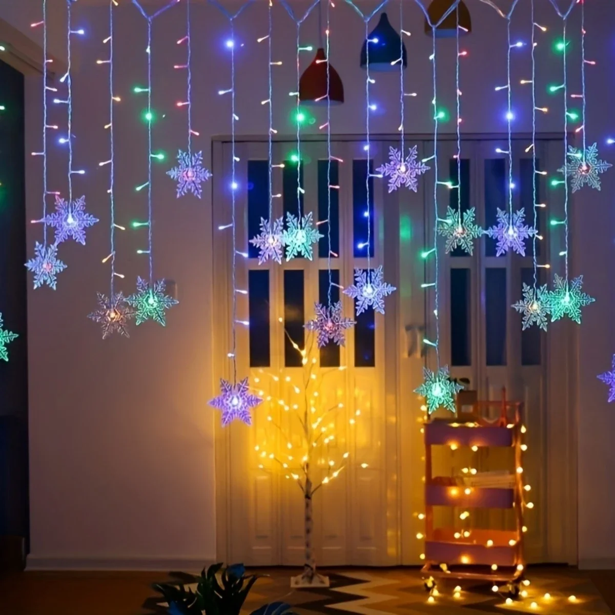 Luz de cortina de floco com plugue USB, luzes LED Fairy String, decoração de Natal, festa de casamento