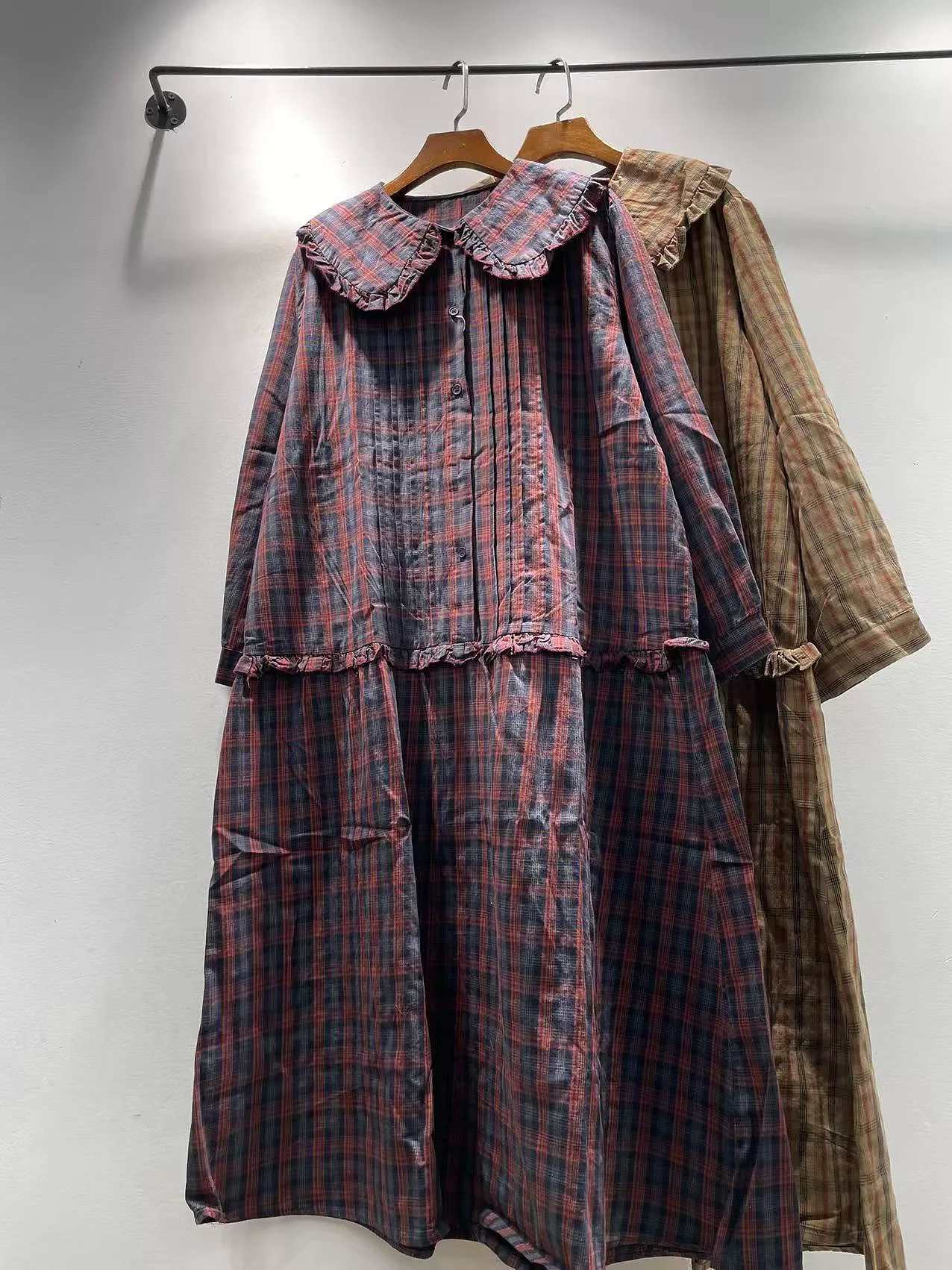 

2026 Plus size women dress pure cotton Japanese style peter pan collar red yellow plaid dress for women loose robes