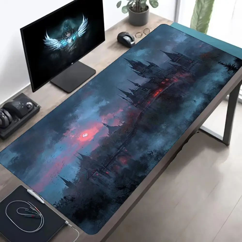 Fantasy Castle Sunset Scenery Large Mouse Pad Medieval Knight Landscape Desk Mat NonSlip Rubber Base Gaming big Keyboard Pad XXL