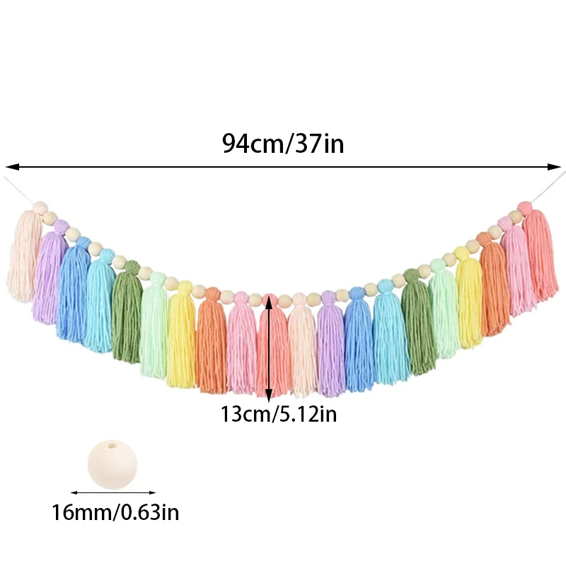 Rainbow Tassel Garland Bohemian Colorful Wood Beads Tapestry Macrame Wall Hanging Decorations Banner Bedroom Party Home Decor