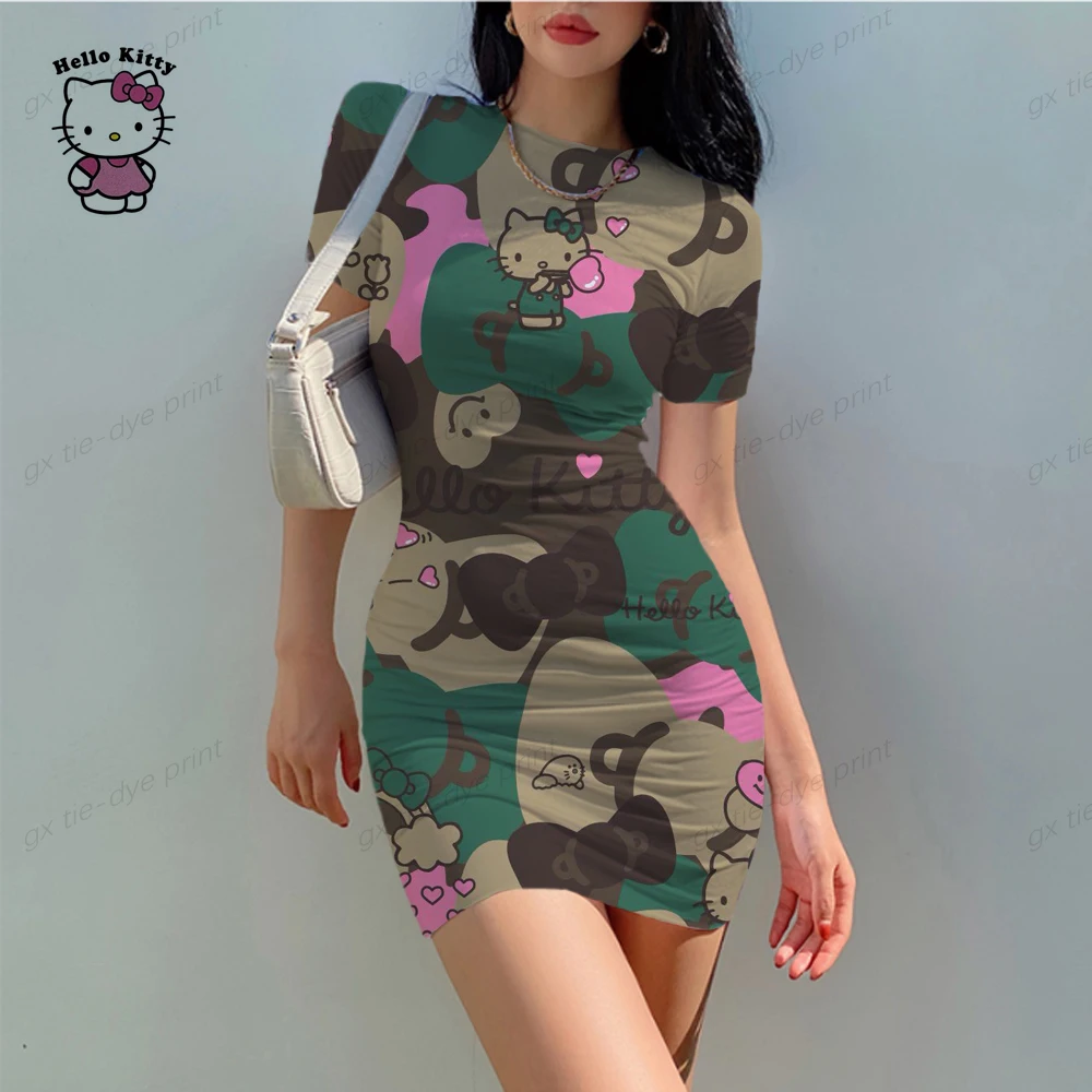 Hello Kitty Print Woman Dresses Elegant Dress Office Tight Slim Lady O Neck Summer Casual Cartoon 3D print Mini Dress Vestidos