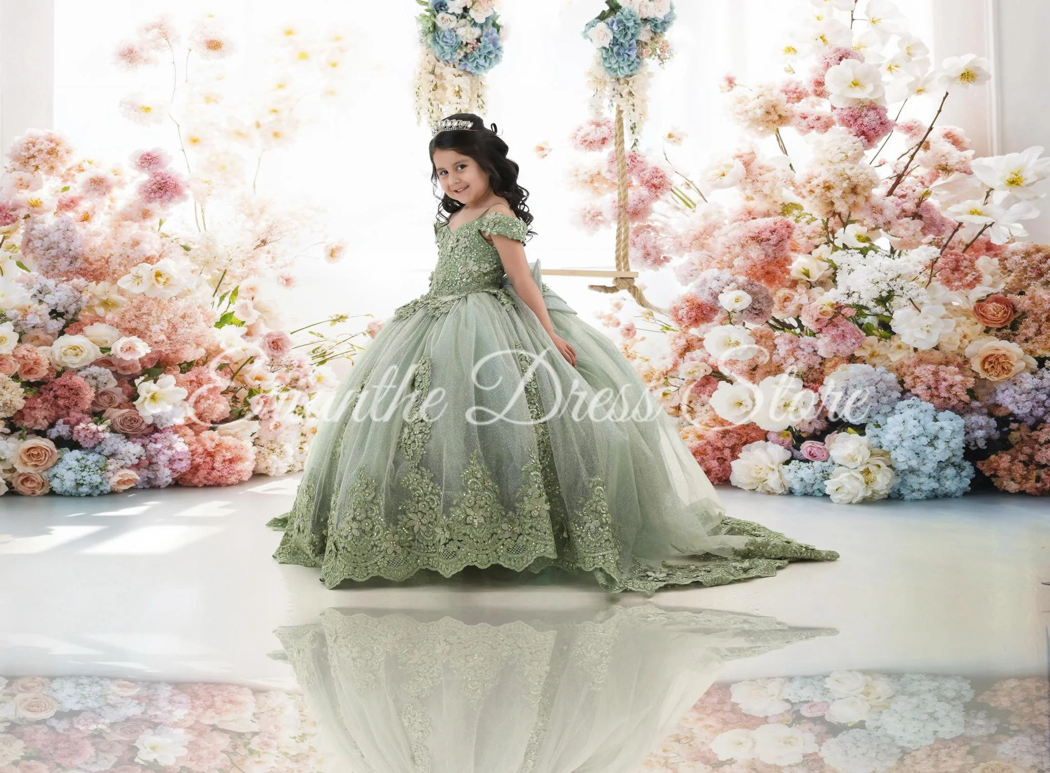 

Зеленое платье с цветочным узором для девочек на свадьбу, тюлевое кружевное платье с аппликацией, пышное элегантное детское бальное платье для дня рождения, первого причастия по индивидуальному заказу