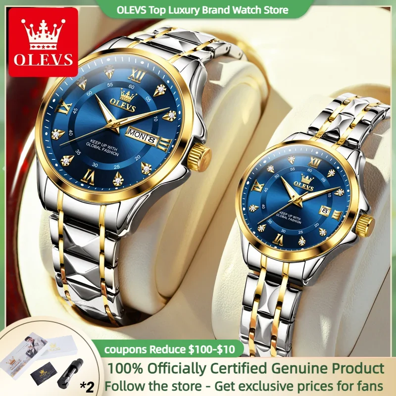 OLEVS 2906 Couple Watch Luxury Stainless Steel Waterproof Clock Fashion Roman Scale Diamond Calendar Dial Men Women Quartz Watch