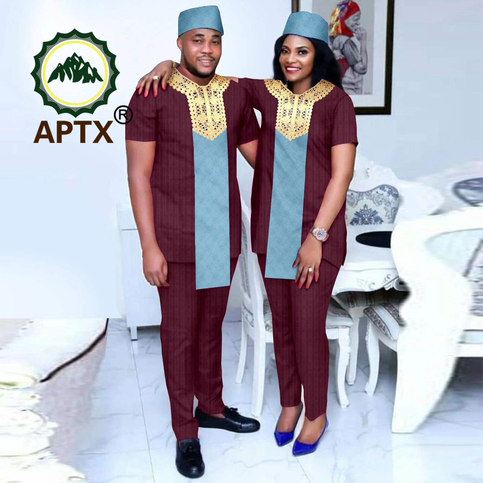 African Clothes for Couple Men Short Sleeve Embroidery Shirt Top and Hat Women Traditional Party Wedding African Style 24C011