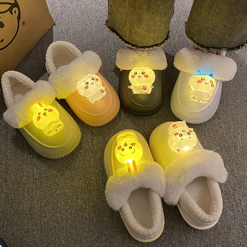 Y2K New Chiikawa Usagi Cotton Slippers Kawaii Glow Girl Wearing Outside Home Anti-Slip Cute Winter Home Slippers Woman Slippers