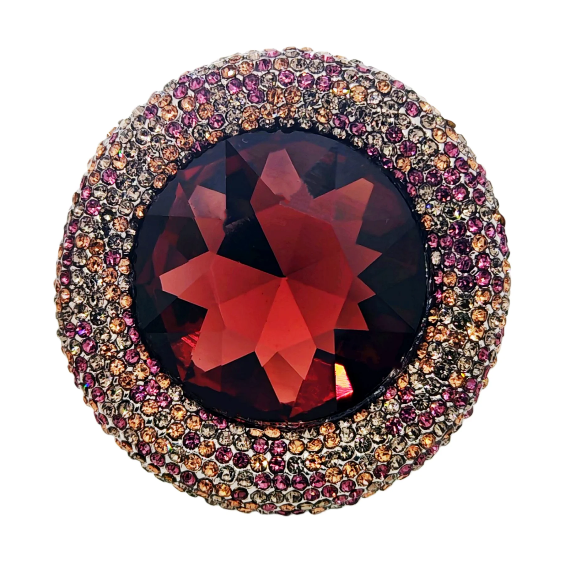 

Luxury Crystal Brooch Pin, Round Burgundy Red Gemstone with Multi-Color Rhinestone Border