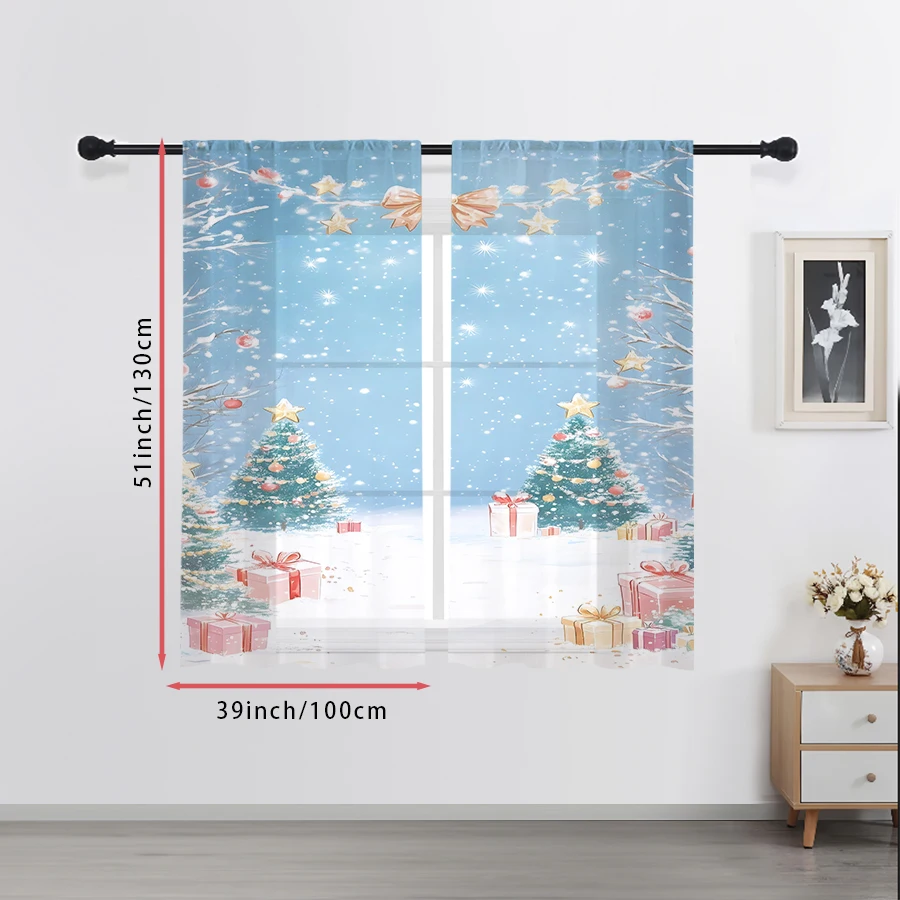 2PCS Sheer Curtains Blue Christmas Tree Gift Box Star Print, Window Voile Panels for Bedroom Living Room Winter Holiday Decor