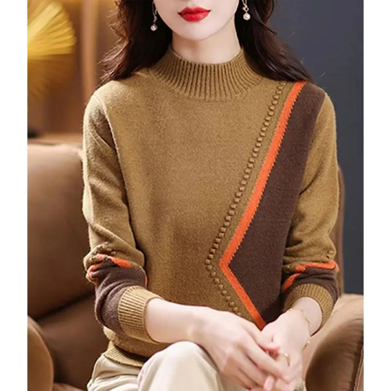 New Winter Fashion Trend High End Color Matching Half High Neck Loose Versatile Foreigner Women\'s Long Sleeve Knitted Sweater